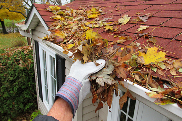 a gloved hand reaching into a gutter to pull out leaves on a home